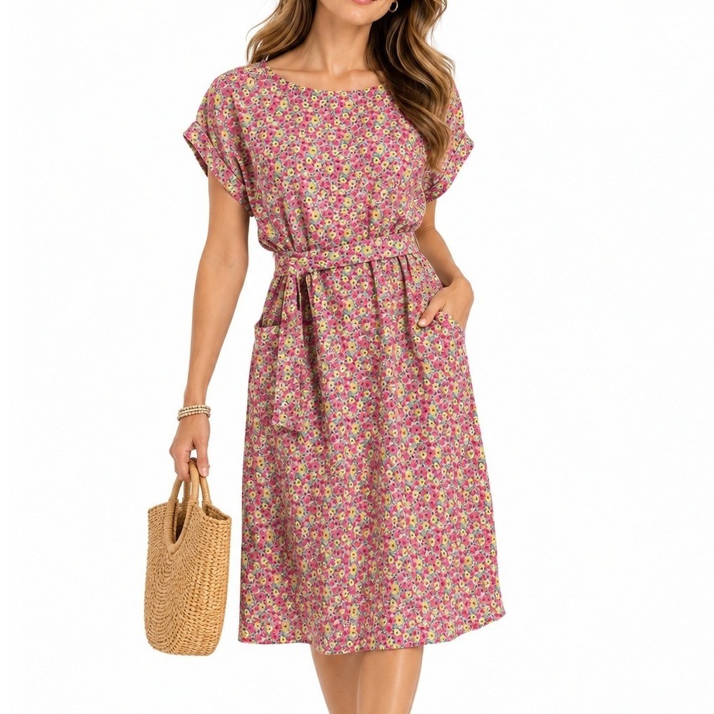Lilly Pulitzer Pink Yellow Floral Shift Dress with Pockets & Belt Medium